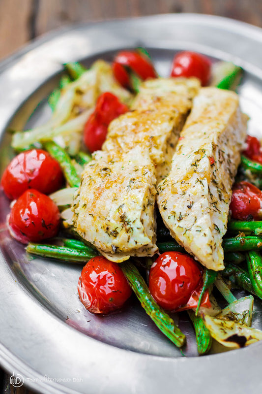 ONE PAN MEDITERRANEAN BAKED HALIBUT RECIPE WITH VEGETABLES