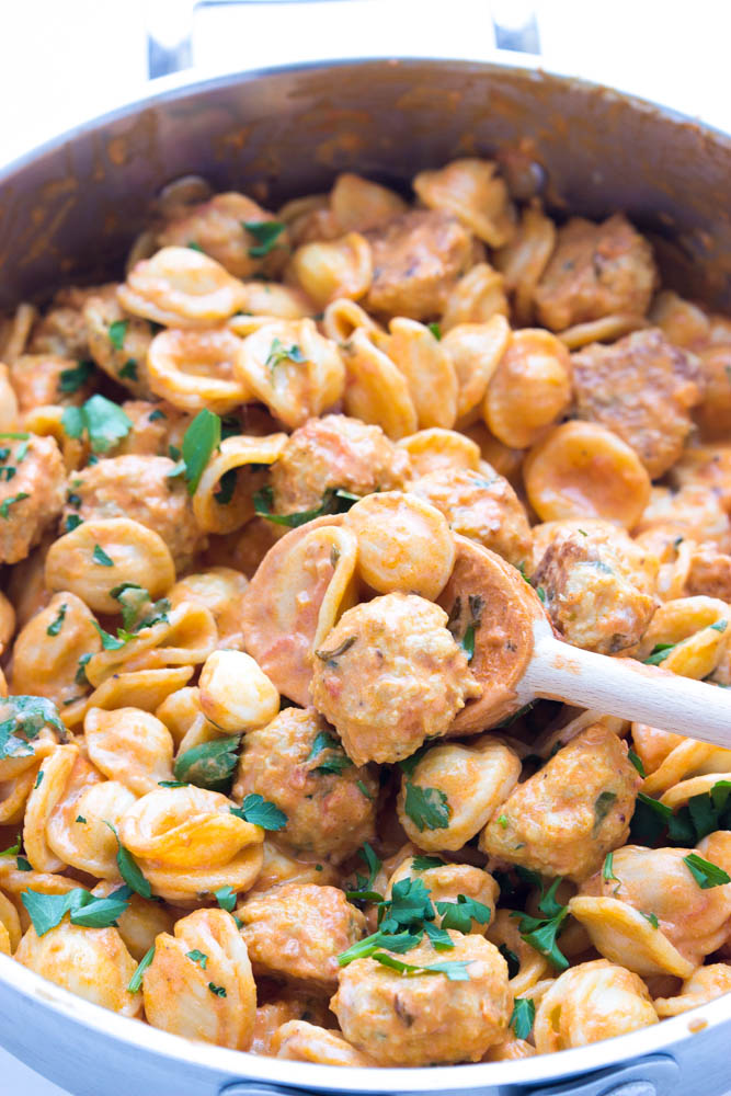 Orecchiette with Baked Mini Chicken Meatballs in Tomato Cream Sauce