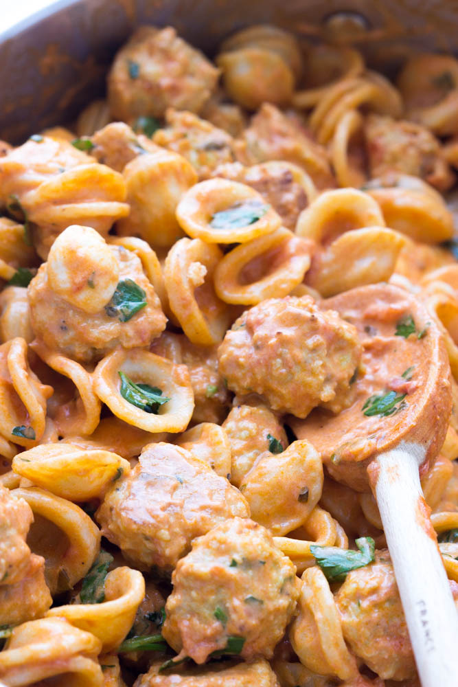 Orecchiette with Baked Mini Chicken Meatballs in Tomato Cream Sauce