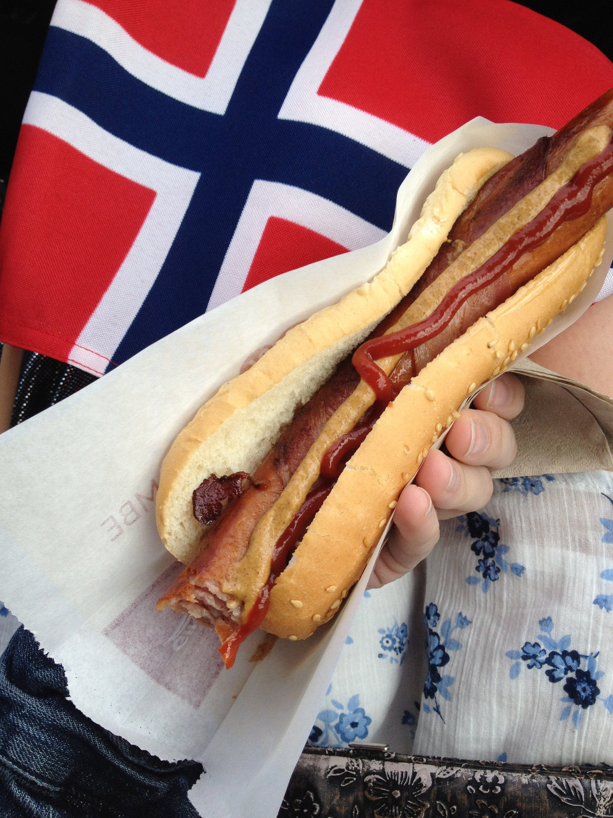 Hot dog with ketchup held in front of a Norwegian flag