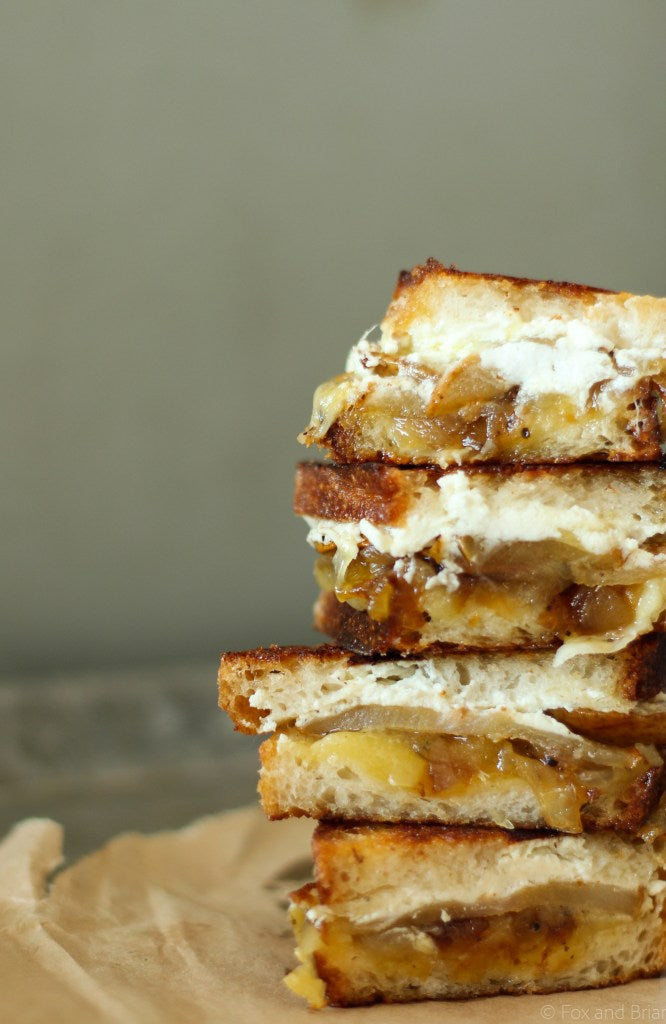 HONEY ROASTED PEAR, GOAT CHEESE AND CARAMELIZED ONION GRILLED CHEESE