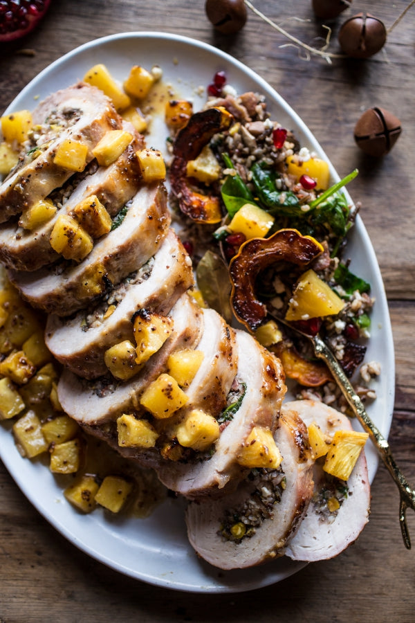 Pineapple Glazed Pork Roast with Bacon Wild Rice Stuffing.