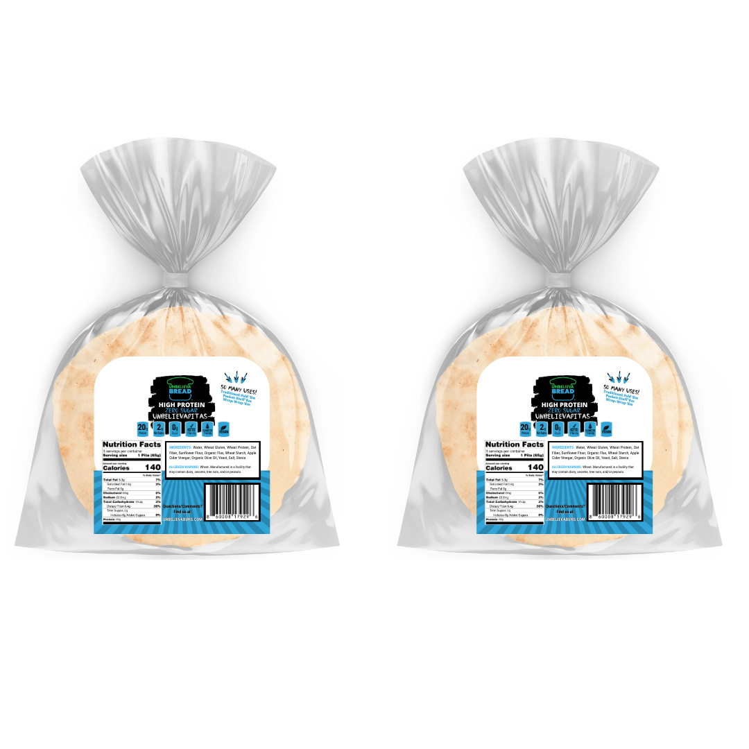 2 Bags of UnbelievaPitas - High Protein, Low-Carb Pitas (6 Breads)