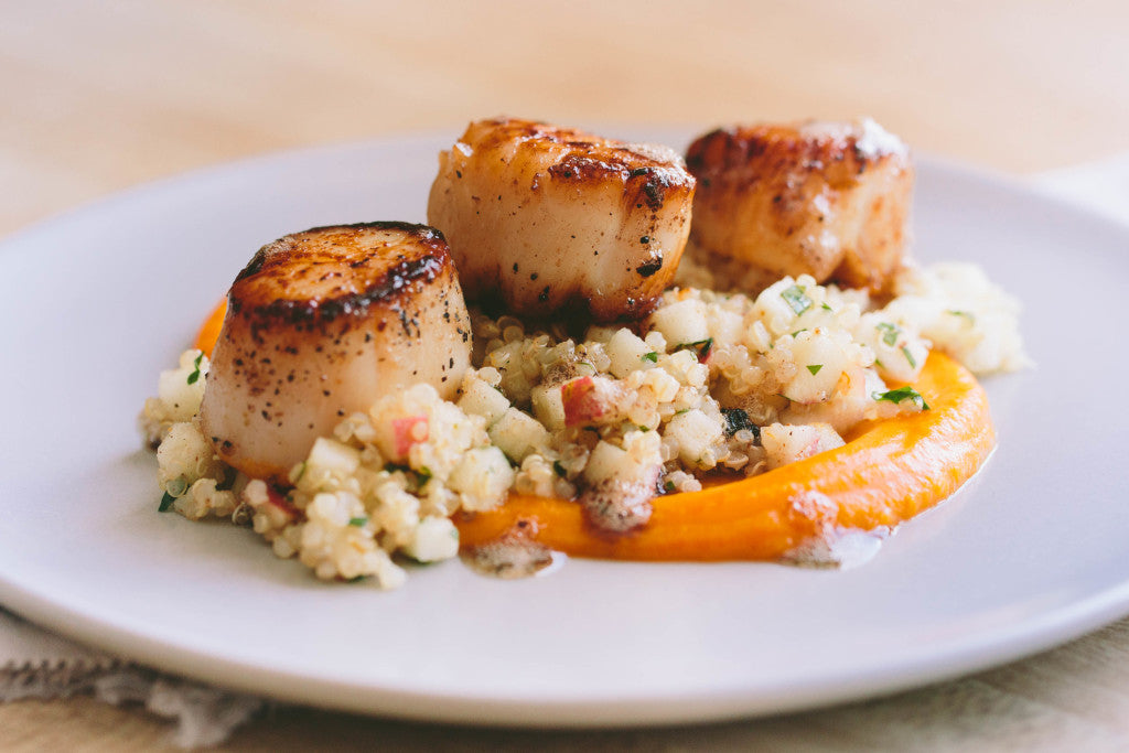 Seared Scallops with Quinoa and Apple Salad + Butternut Squash Puree