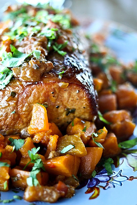 Slow Cooker Peach Salsa Pork with Roasted Sweet Potatoes