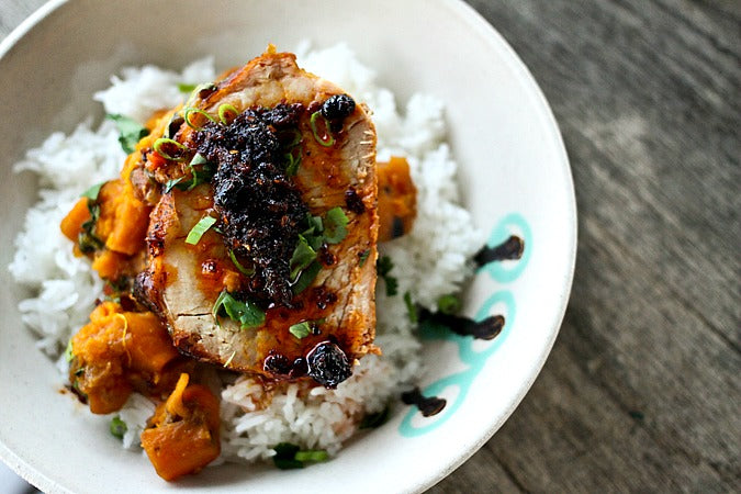 Slow Cooker Peach Salsa Pork with Roasted Sweet Potatoes