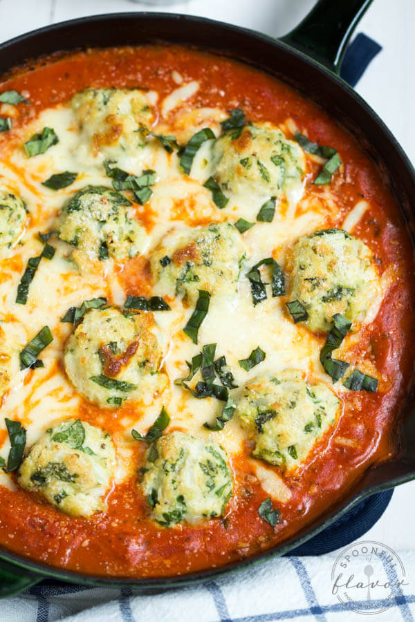 SPINACH CHICKEN PARMESAN MEATBALLS IN CREAMY TOMATO SAUCE