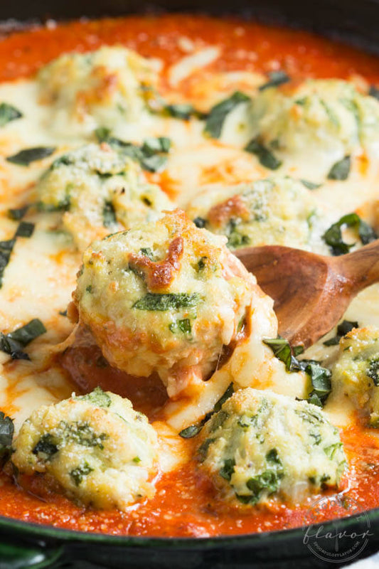 SPINACH CHICKEN PARMESAN MEATBALLS IN CREAMY TOMATO SAUCE