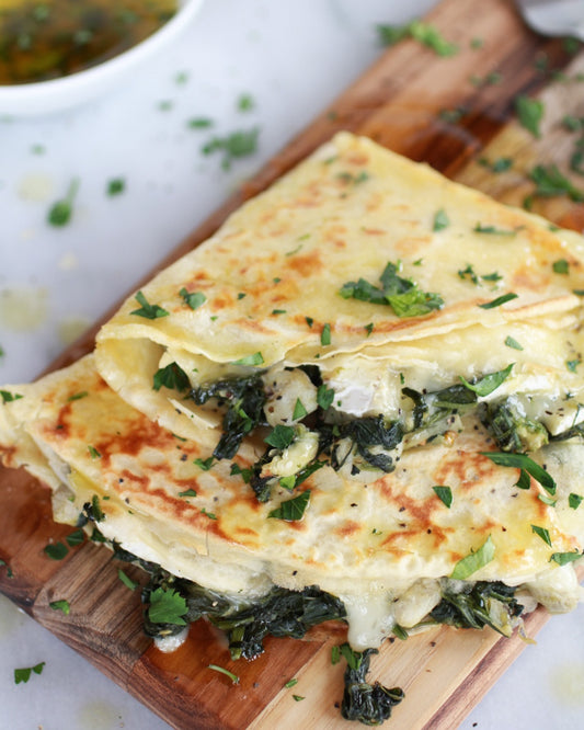 Spinach Artichoke and Brie Crepes with Sweet Honey Sauce