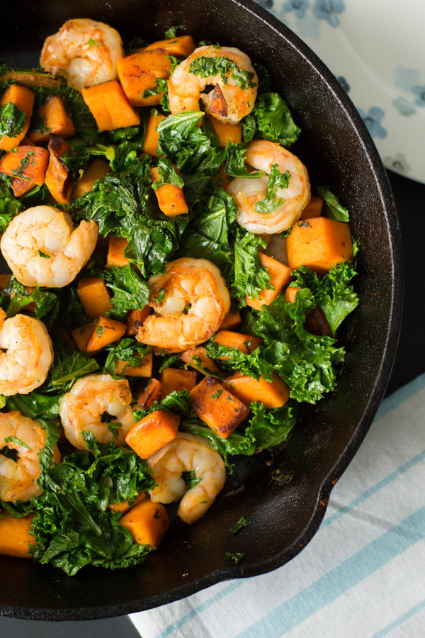 Sweet Potato, Kale and Shrimp Skillet