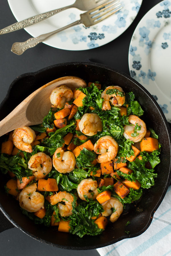 Sweet Potato, Kale and Shrimp Skillet