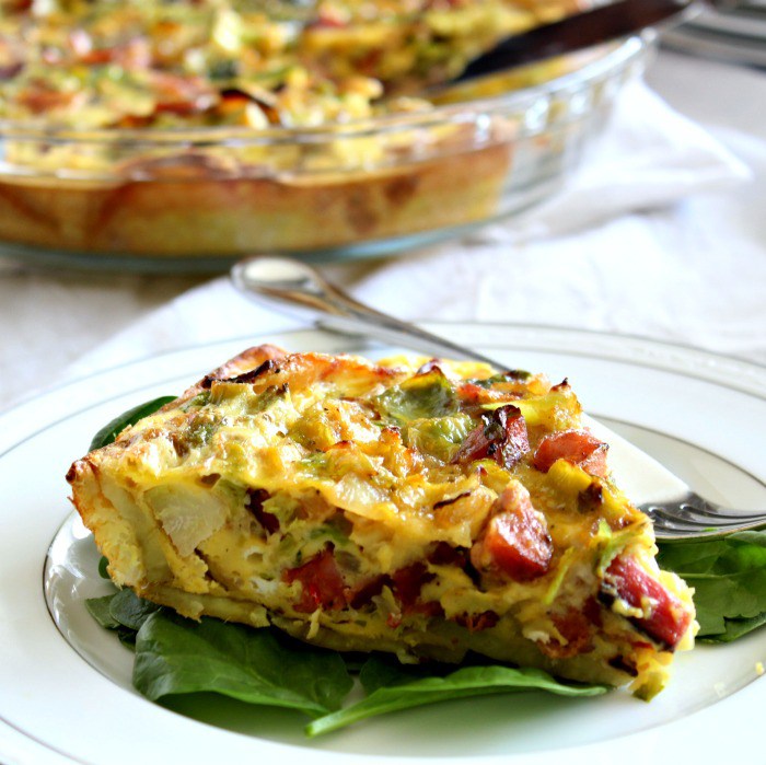 Brussels, Sausage & Bacon Quiche with Sweet Potato Crust
