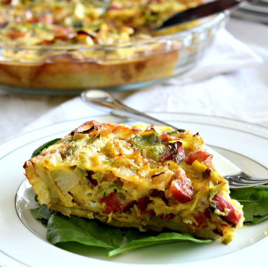 Brussels, Sausage & Bacon Quiche with Sweet Potato Crust