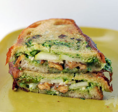 Anjou Pear, Caramelized Walnuts and Arugula Pesto Mayo Panini