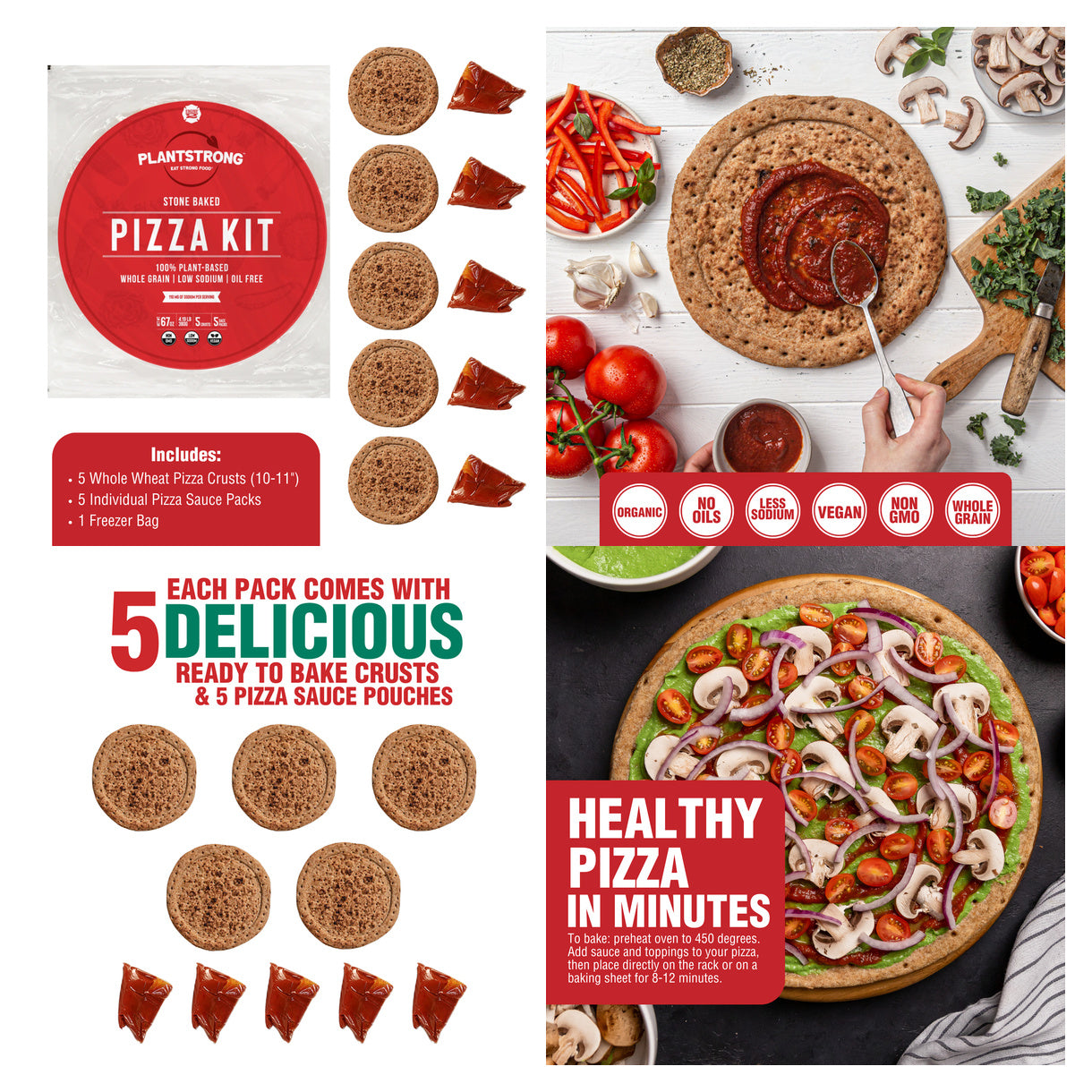 Plantstrong Pizza Kit promotional graphic showing the product box, pre-baked crust pieces, sauce pouches, and food photography of pizzas with ingredients like mushrooms, tomatoes, onions, and red sauce. Text highlights healthy, vegan, gluten-free, and organic qualities.
