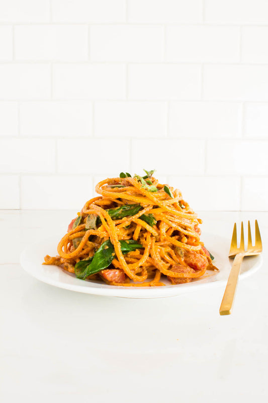 SPIRALIZED SWEET POTATO PASTA WITH CREAMY GARLIC ALMOND BUTTER SAUCE