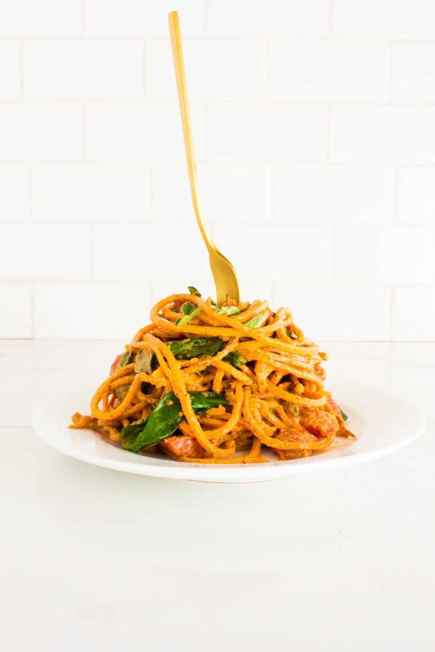 SPIRALIZED SWEET POTATO PASTA WITH CREAMY GARLIC ALMOND BUTTER SAUCE