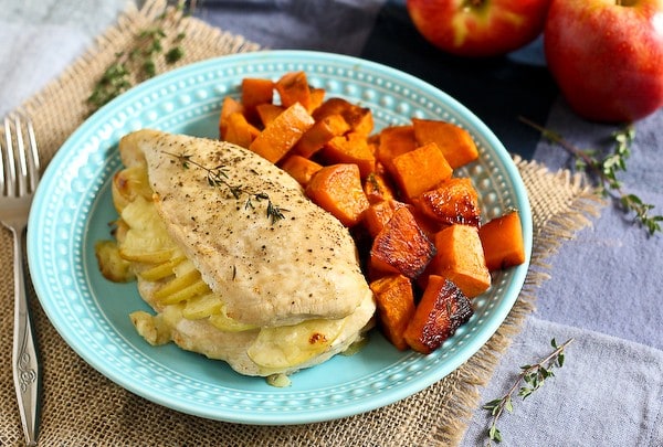 APPLE GOUDA STUFFED CHICKEN BREASTS WITH SMOKY ROASTED SWEET POTATOES