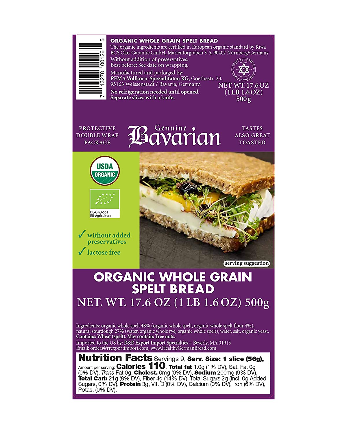 Genuine Bavarian Organic Whole Grain Spelt Bread, 17.6 oz - 6 packs