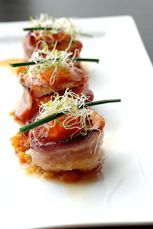 Bacon Wrapped Bay Scallops - 48 pieces per tray