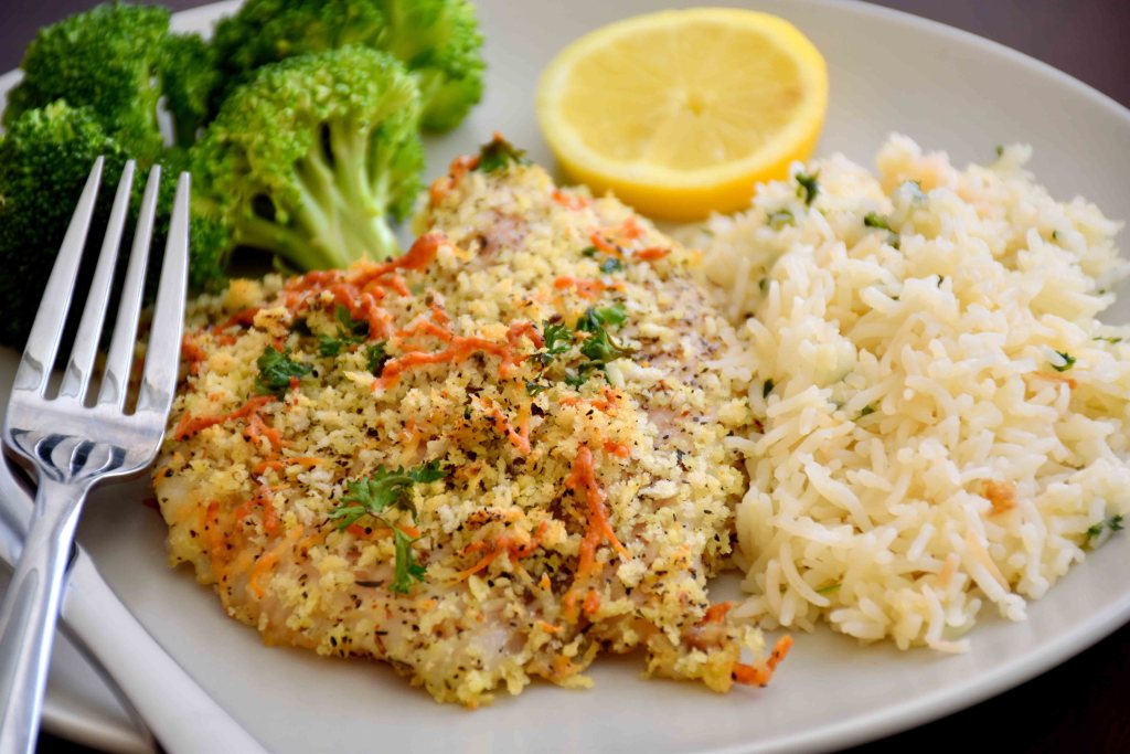 BAKED PARMESAN CRUSTED TILAPIA WITH RICE PILAF AND BROCCOLI