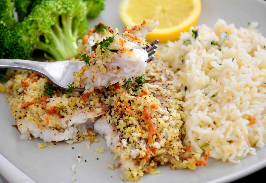 BAKED PARMESAN CRUSTED TILAPIA WITH RICE PILAF AND BROCCOLI