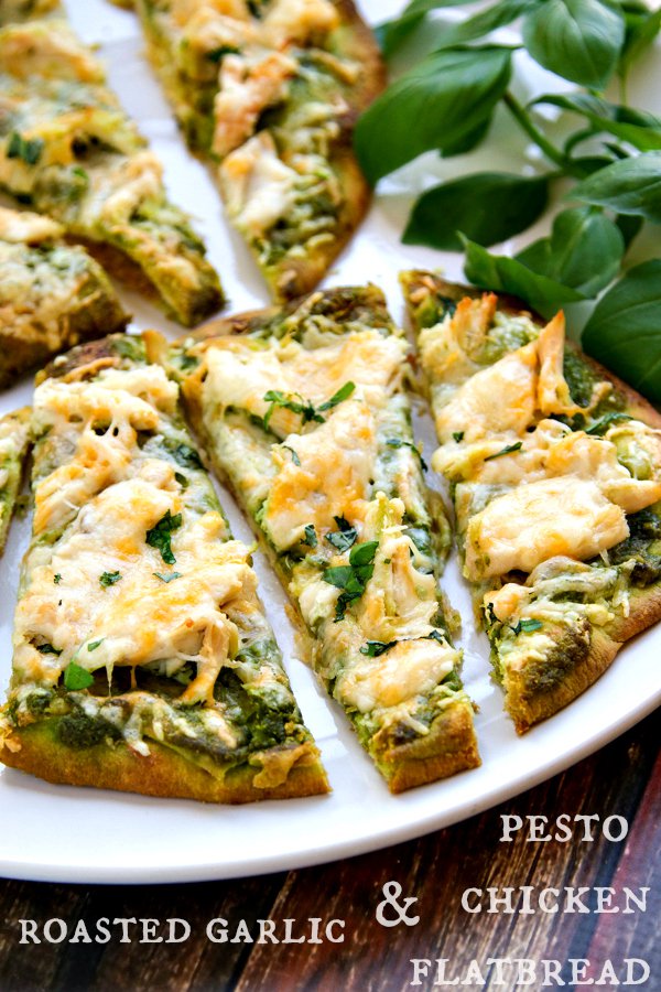 Roasted Garlic & Pesto Chicken Flatbreads