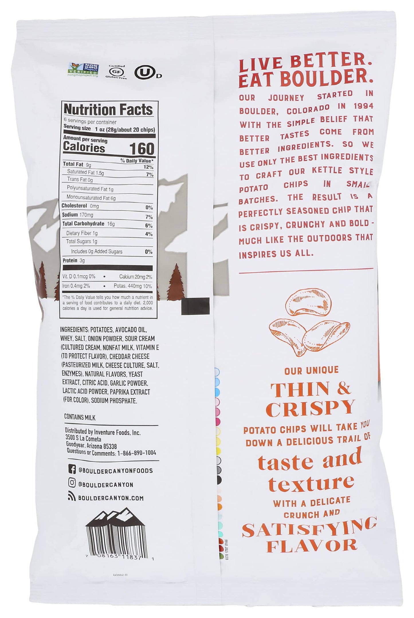 Boulder Canyon Thin & Crispy Cheddar Sour Cream Potato Chips - 6 oz Pack of 12