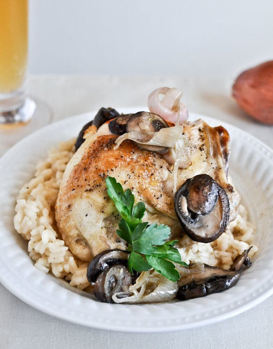 Beer Risotto with Mushroom Garlic Chicken