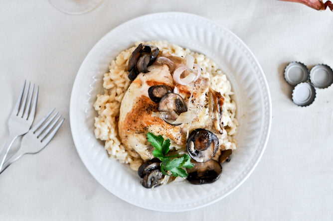 Beer Risotto with Mushroom Garlic Chicken