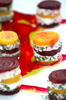 Roasted Organic Golden & Red Beet Stacks With Fresh Herbed Goat Cheese