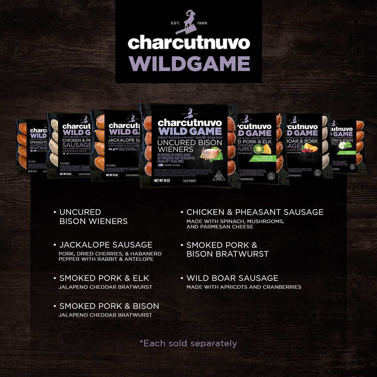 Wild Game Bison Wieners - 10oz, 5 Pack - Fully Cooked and Smoked, Uncured Sausage Links - Paleo and Grass-Fed - No Antibiotics, Hormones, Gluten, Dairy or Sugar