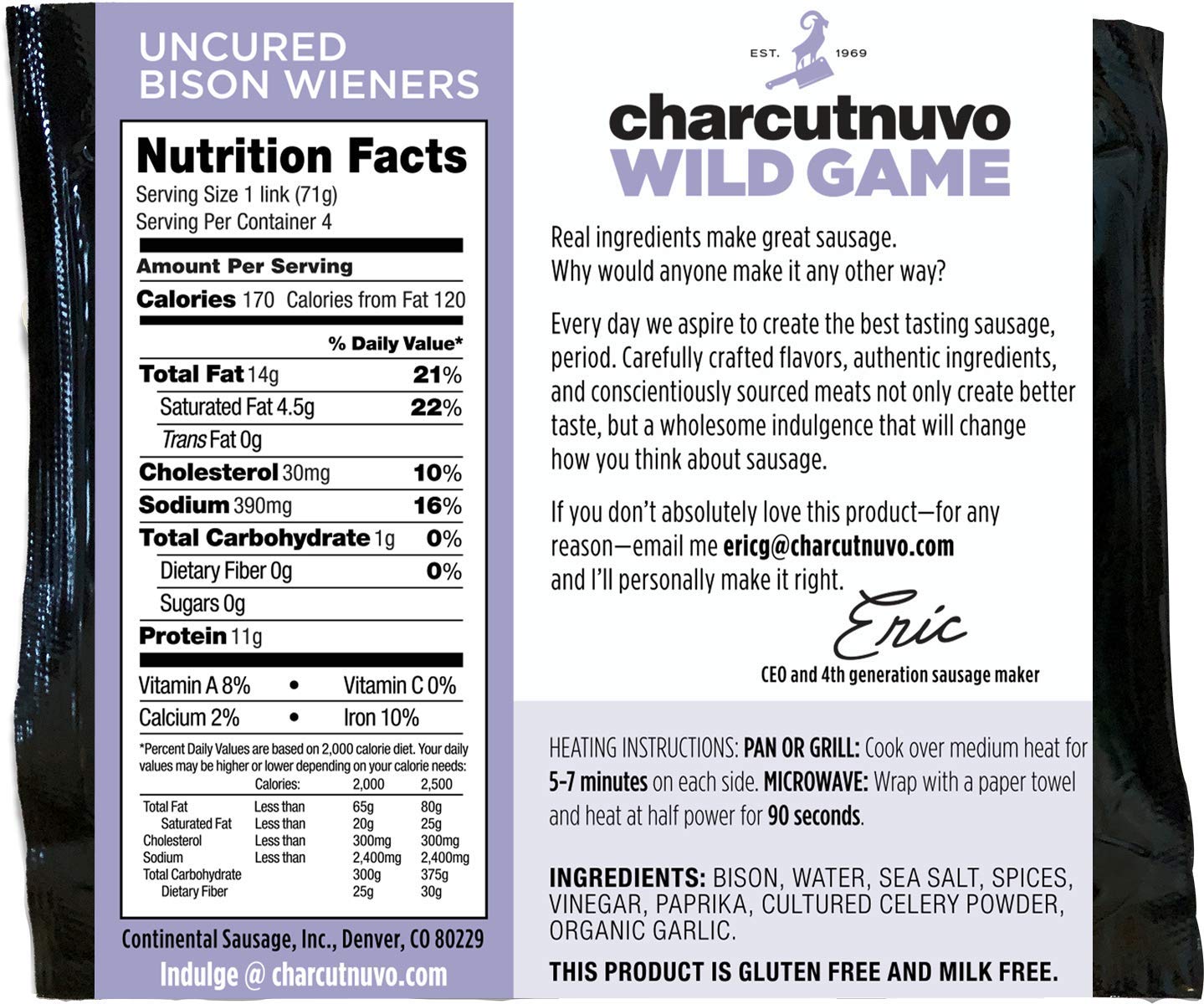 Wild Game Bison Wieners - 10oz, 5 Pack - Fully Cooked and Smoked, Uncured Sausage Links - Paleo and Grass-Fed - No Antibiotics, Hormones, Gluten, Dairy or Sugar