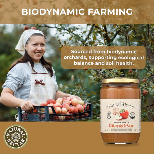 Natural Nectar Biodynamic & Organic Brittany Apple Sauce - USDA Organic Apple Sauce Certified, No Added Sugars, 22 oz - Pack of 3