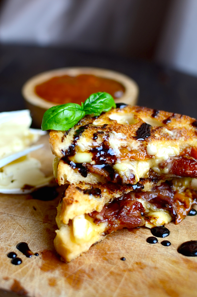Bacon, Brie, and Apricot Grilled Cheese with Balsamic Reduction