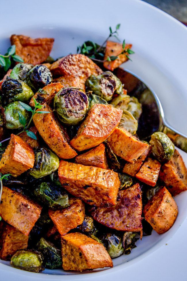 Roasted Sweet Potatoes and Brussels Sprouts