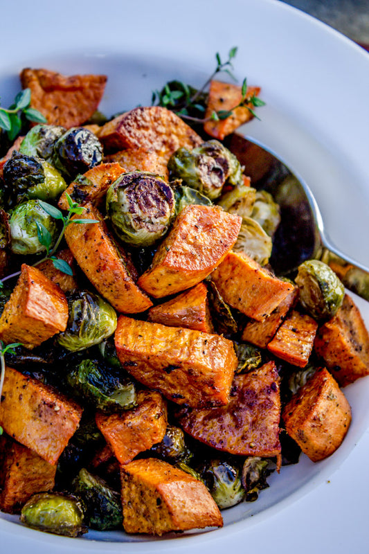 Roasted Sweet Potatoes and Brussels Sprouts