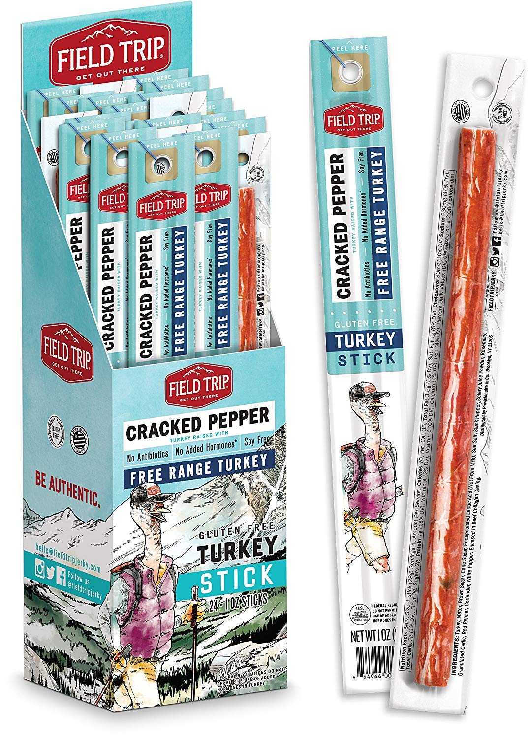 All Natural Cracked Pepper Turkey Jerky Sticks - Keto Gluten Free - Pack of 24