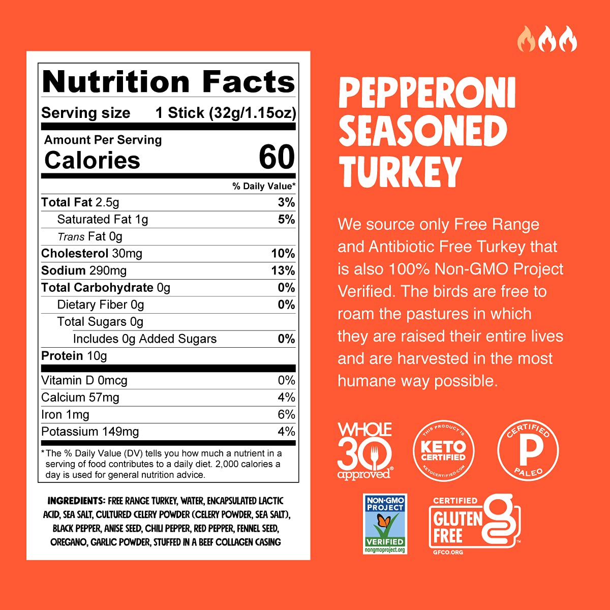 Free Range Turkey Pepperoni Jerky Snack Sticks - Pack of 10