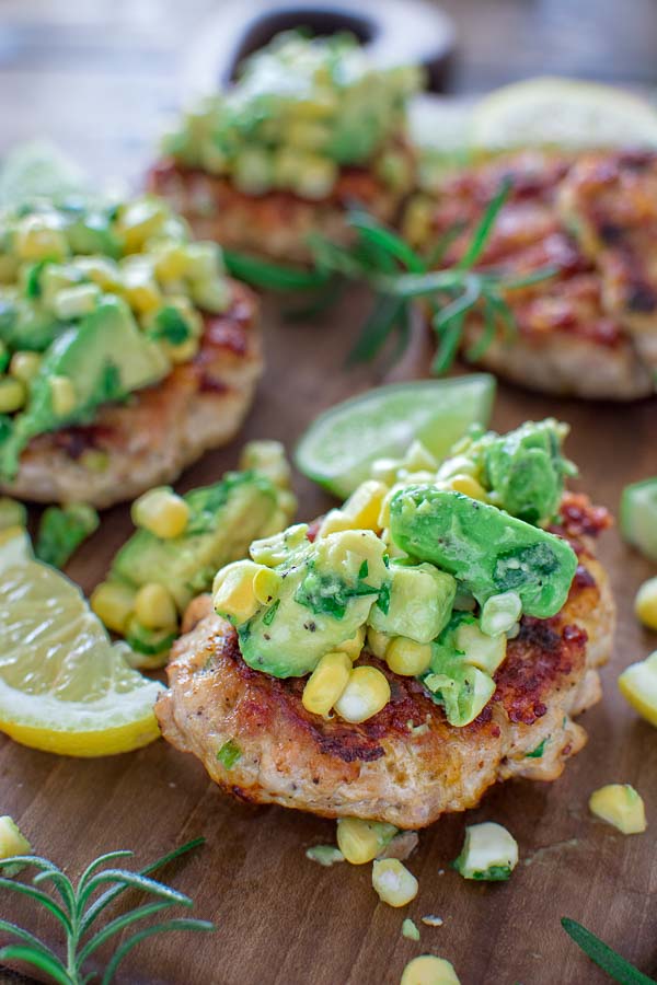 Chicken Burgers with Avocado Corn Salsa