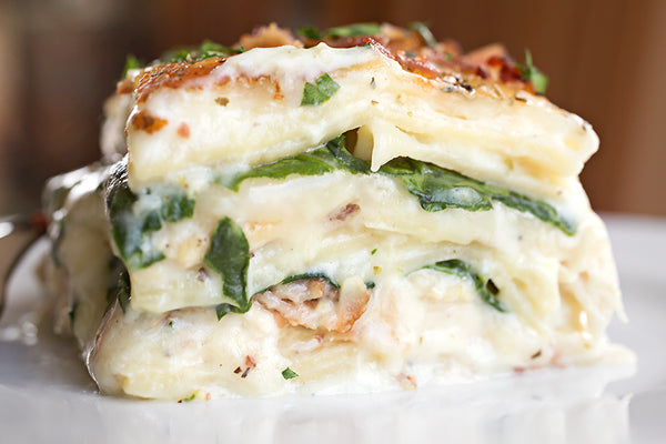 Creamy Chicken Florentine Lasagna with Two Cheeses, Baby Spinach and Crispy Bacon