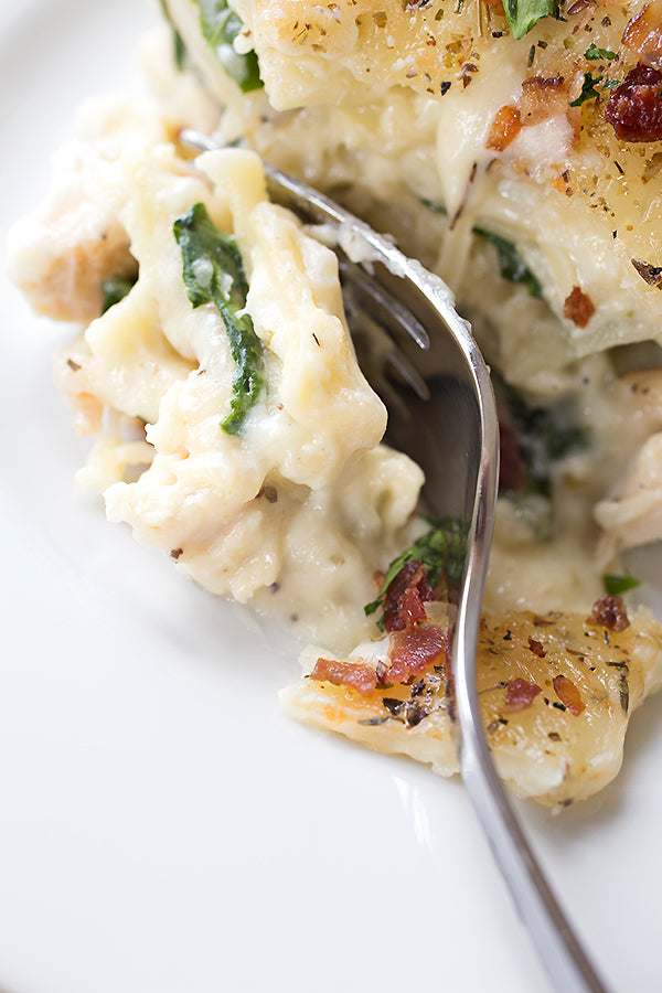 Creamy Chicken Florentine Lasagna with Two Cheeses, Baby Spinach and Crispy Bacon