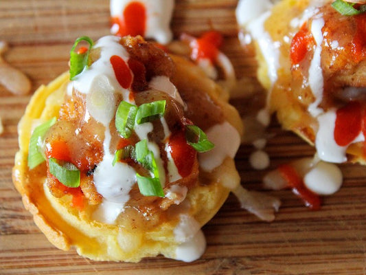 Chicken and Waffle Nachos with Maple Mustard Syrup and Sriracha