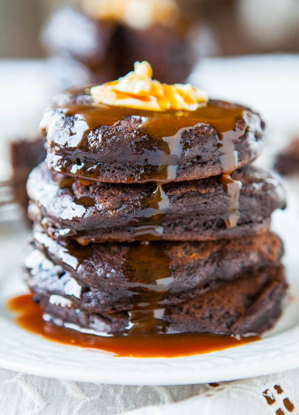 CHOCOLATE BUTTERMILK PANCAKES WITH HOMEMADE SALTED CARAMEL SAUCE