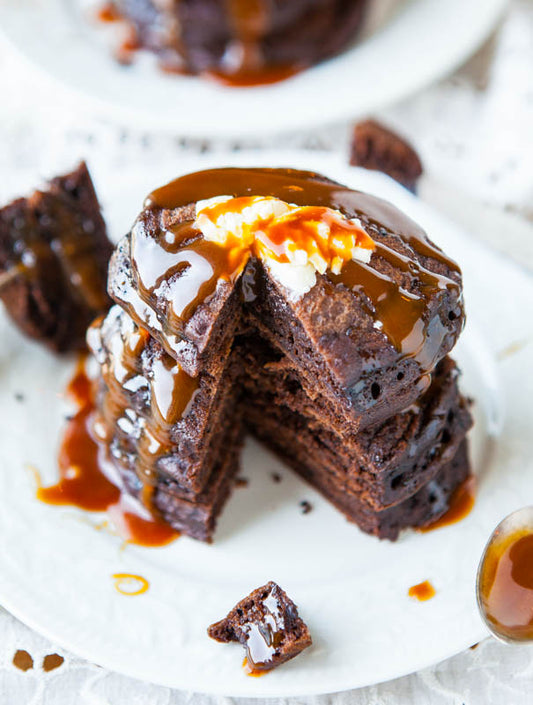 CHOCOLATE BUTTERMILK PANCAKES WITH HOMEMADE SALTED CARAMEL SAUCE