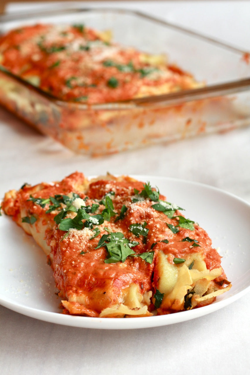 Spicy Italian Chicken Suasage, Spinach and Crepe Manicotti