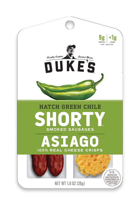 Duke's Shorty Smoked Sausages & Cheese Crisps, Hatch Green Chile & Asiago Cheese , 1 oz, 12 Count
