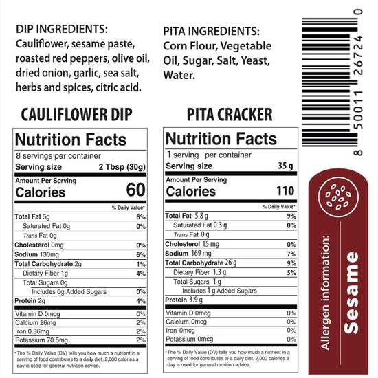 Cauliflower Dip with Pita Chips Hummus Snack Pack - Roasted Red Peppers