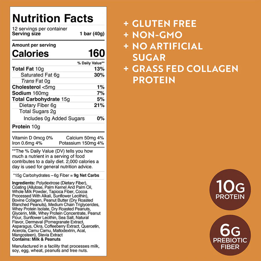 Dr. Kellyann Keto Collagen Fiber Bar — Chocolate Peanut Butter Vibe Bar, 12 Bars