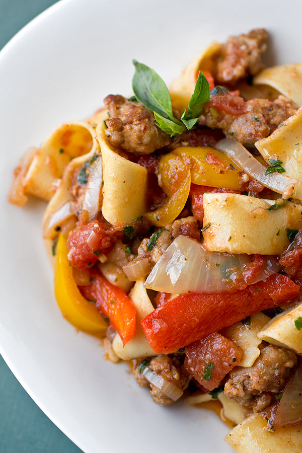 Saucy, Italian “Drunken” Noodles w/ Spicy Italian Sausage, Tomatoes, Caramelized Onions, Peppers - 2 lbs